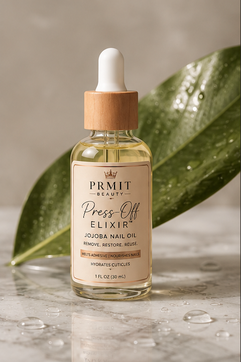 A bottle of PRMIT BEAUTY Press-Off Elixir Jojoba Nail Oil with a wooden dropper cap, set on a marble surface with water droplets and a green leaf in the background.