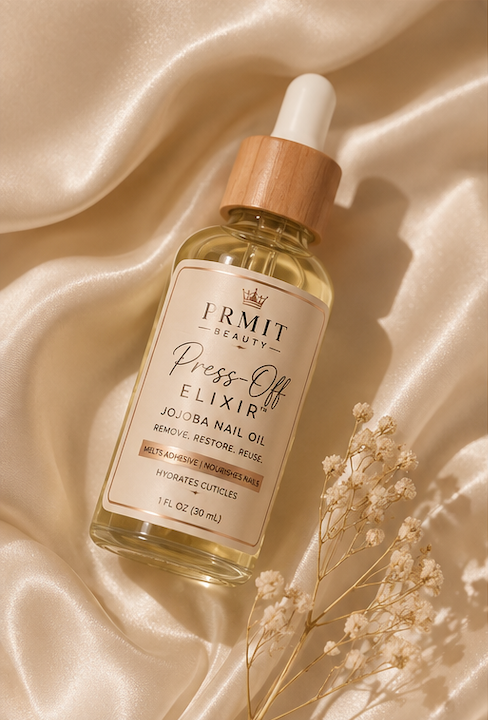 A bottle of PRMIT BEAUTY Press-Off Elixir Jojoba Nail Oil with a wooden dropper cap, styled on draped champagne satin with dried baby's breath flowers.
